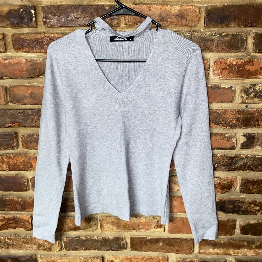 Olivaceous Gray Knit Pullover Choker V-Neck Sweater Women's Size Medium
